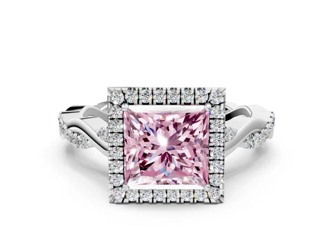 White gold Fancy Pink Princess Cut Halo Twist Band with Four-Prong Setting