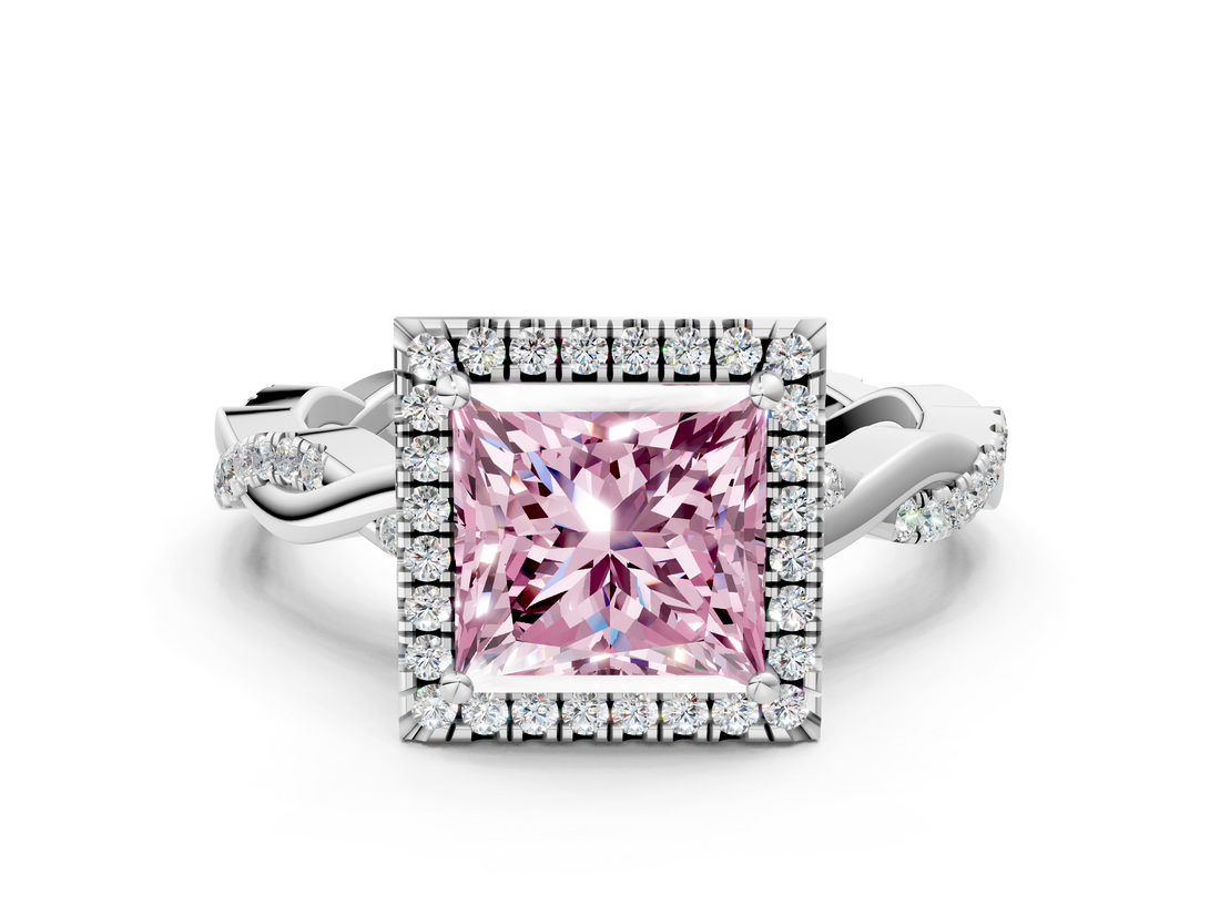 White gold Fancy Pink Princess  Cut Halo Twisted Band Four-Prong Ring