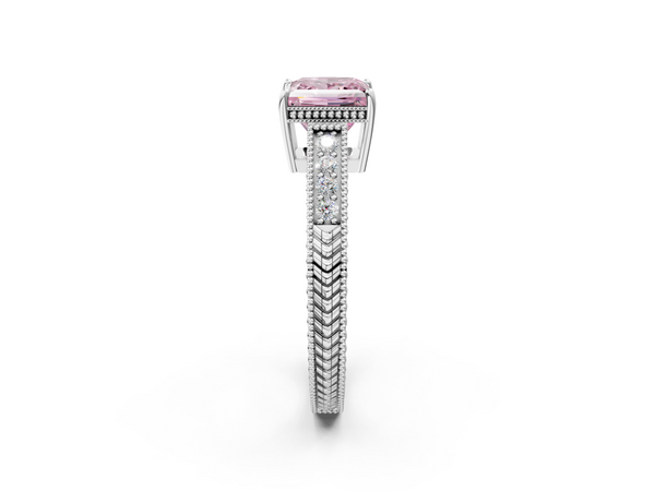 Platinum Fancy Pink Princess Cut Diamond Engagement Ring with Milgrain Channel Set Band and Prong Setting