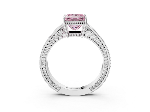 Platinum Fancy Pink Princess Cut Diamond Engagement Ring with Milgrain Channel Set Band and Prong Setting