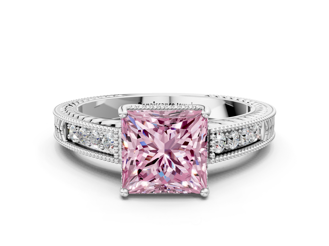 White gold Fancy Pink Princess  Cut Milgrain Channel Set Engagement Ring with Solitaire Prong Setting