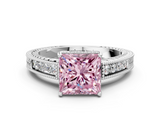 White gold Fancy Pink Princess  Cut Milgrain Channel Set Engagement Ring with Solitaire Prong Setting