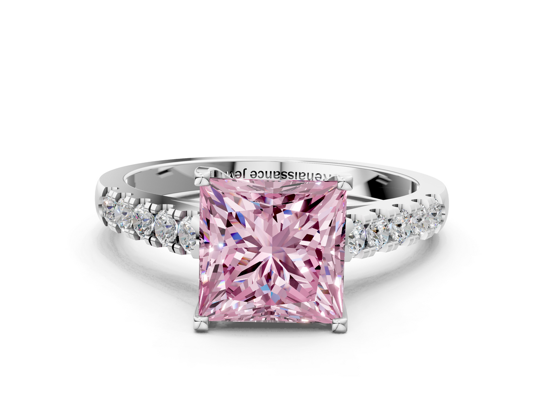 White gold Fancy Pink Princess  Cut Pavé Band Solitaire Ring with Four-Prong Setting_12
