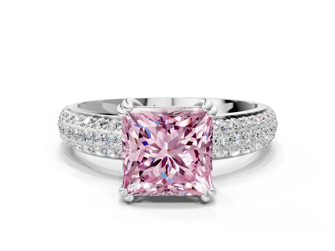 White gold Fancy Pink Princess  Cut Pave Diamond Engagement Ring with Channel Set Band and Four-Prong Setting
