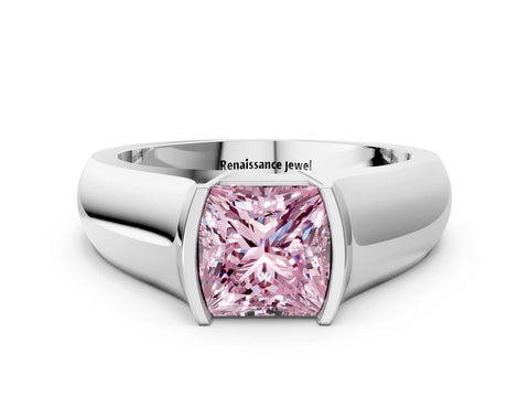 White gold Fancy Pink Princess Cut Solitaire Bezel Set Diamond Ring with Wide Band_12