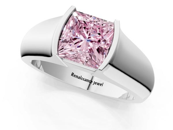 White gold Fancy Pink Princess Cut Solitaire Bezel Set Diamond Ring with Wide Band