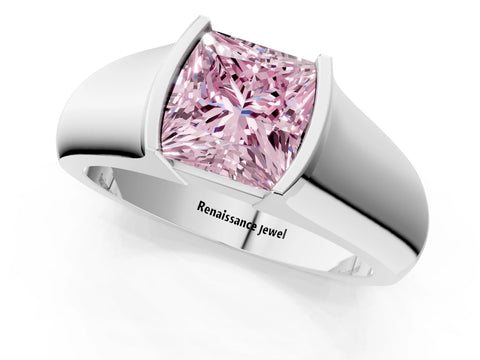 White gold Fancy Pink Princess Cut Solitaire Bezel Set Diamond Ring with Wide Band_13