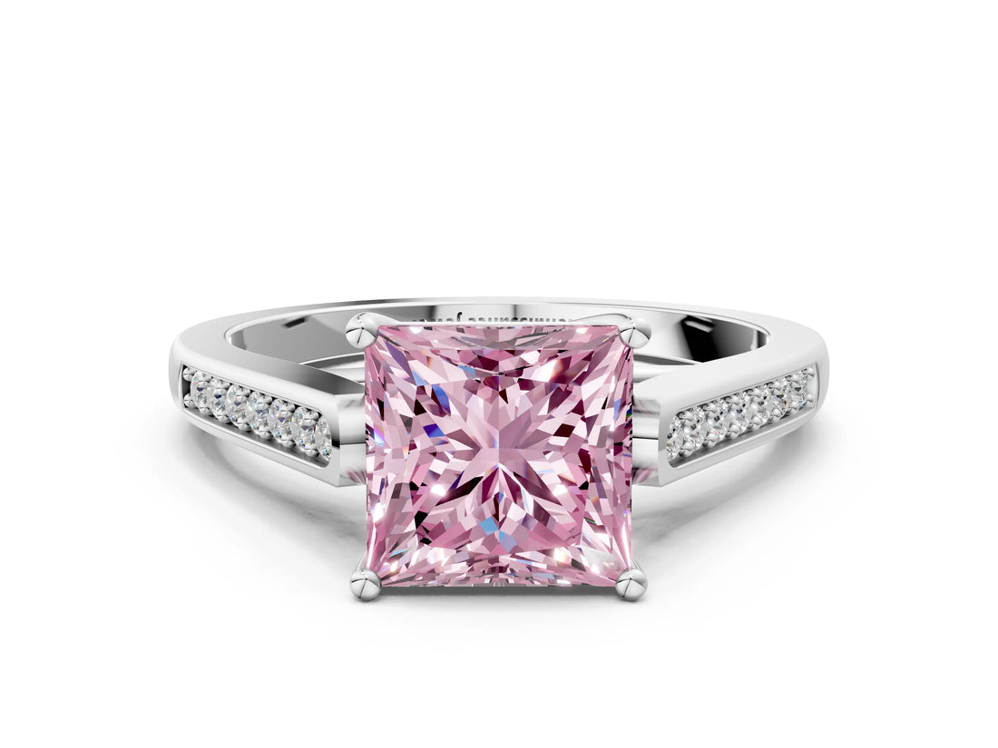 White gold Fancy Pink Princess Cut Solitaire Cathedral Diamond Engagement Ring with Channel-Set Band and Four-Prong Setting_15