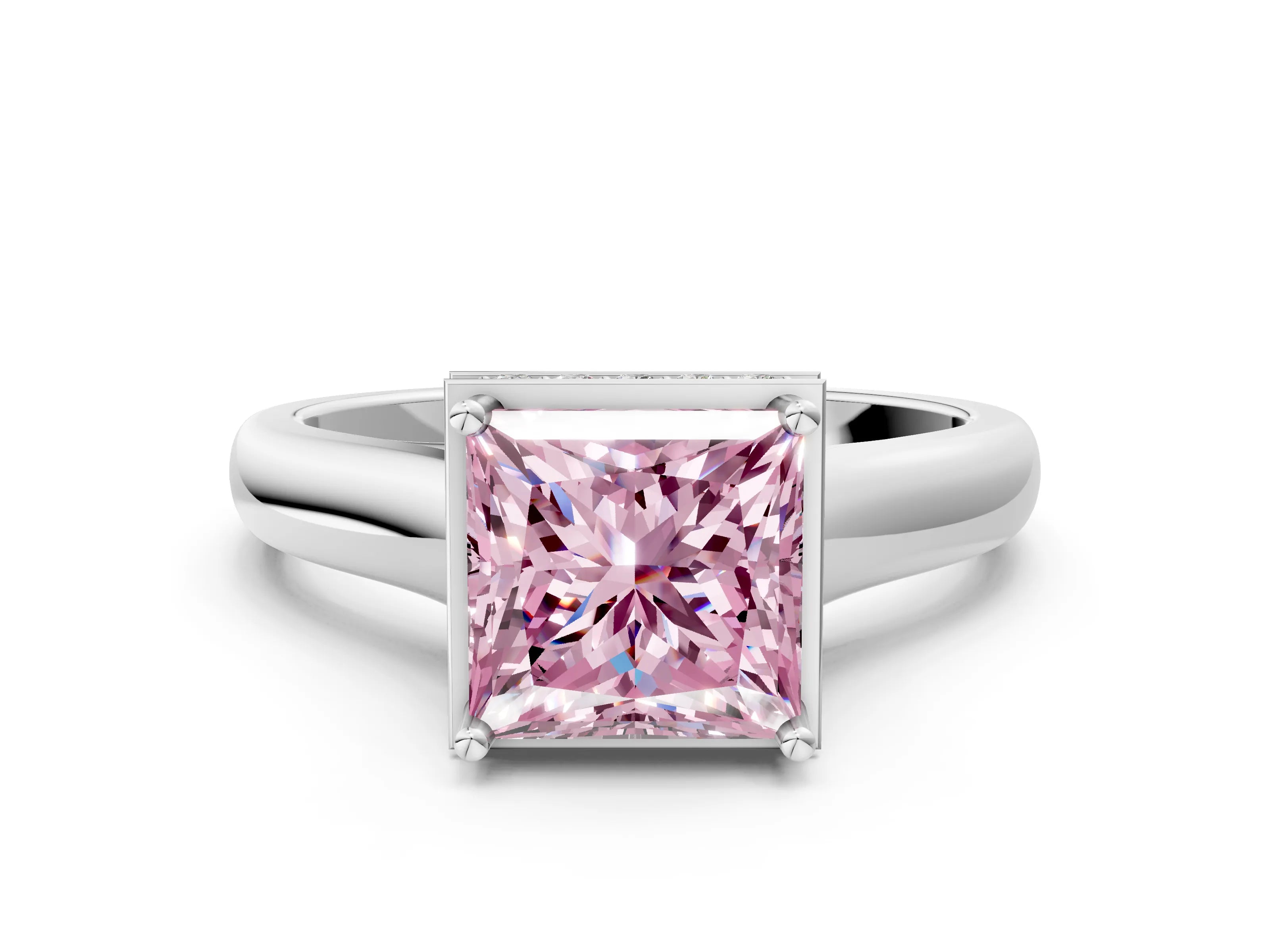 White gold Fancy Pink Princess Cut Solitaire Diamond Engagement Ring with Four-Prong Setting and Tapered Band