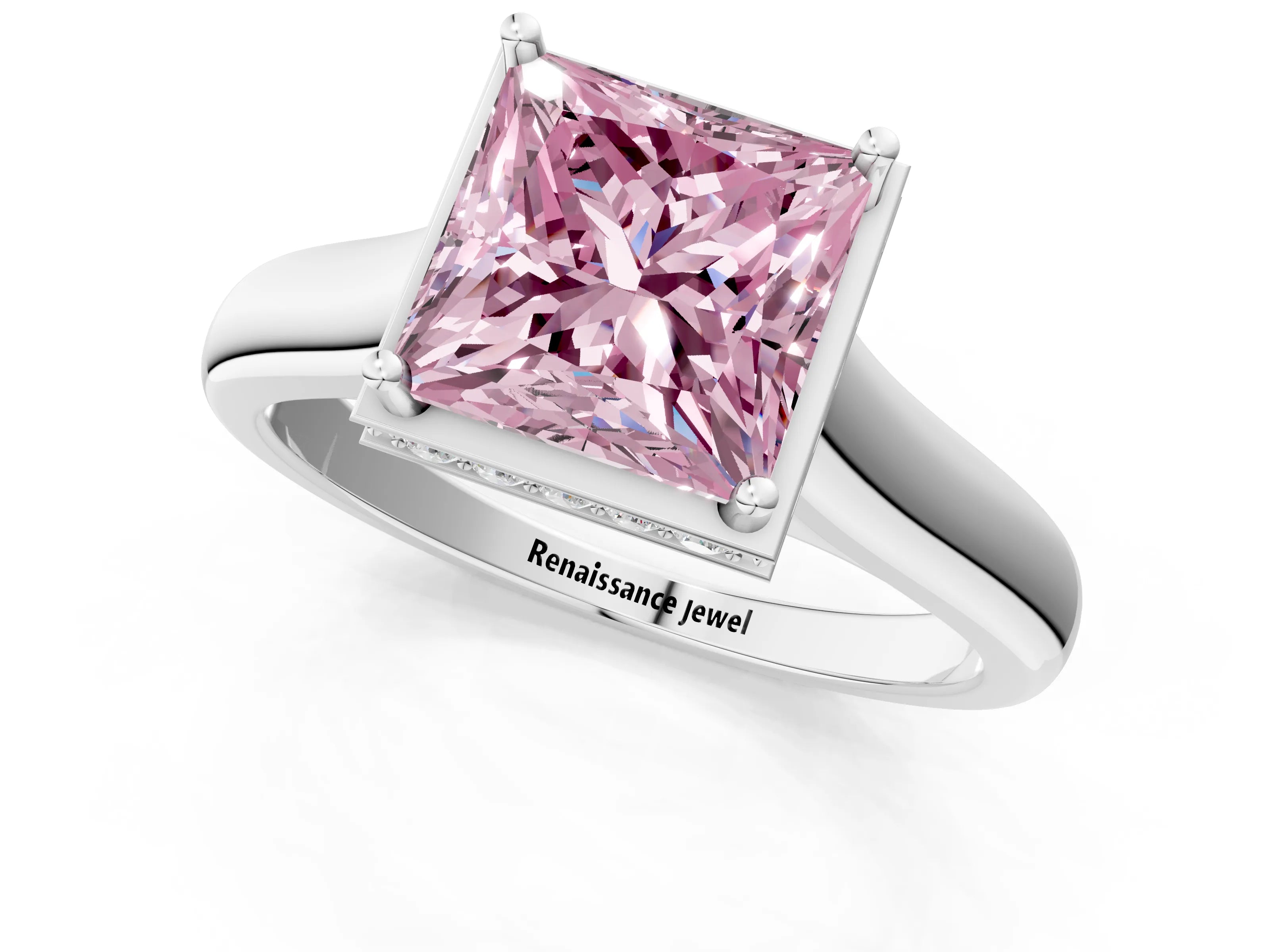 White gold Fancy Pink Princess Cut Solitaire Diamond Engagement Ring with Four-Prong Setting and Tapered Band_13