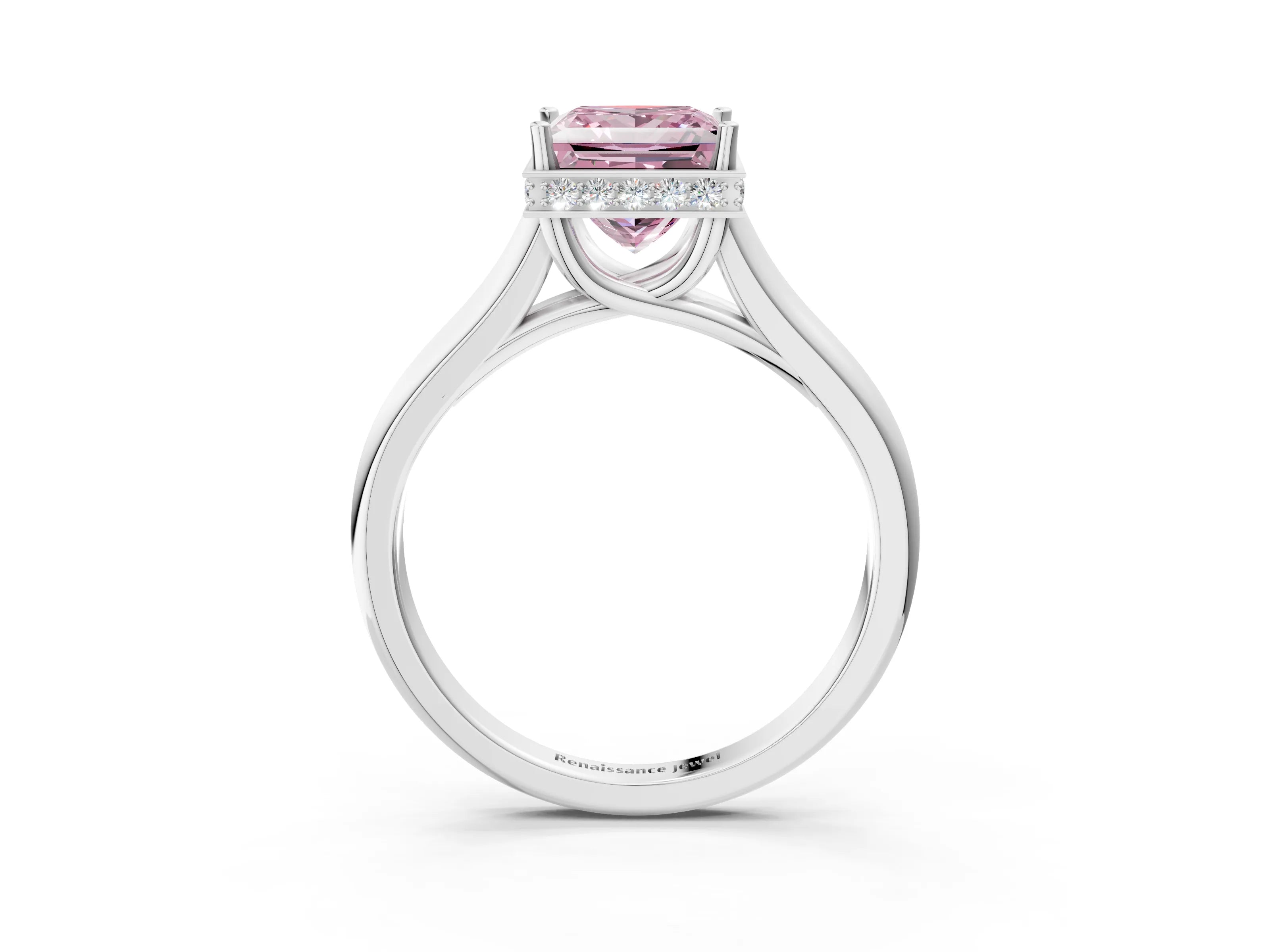 White gold Fancy Pink Princess Cut Solitaire Diamond Engagement Ring with Four-Prong Setting and Tapered Band_15
