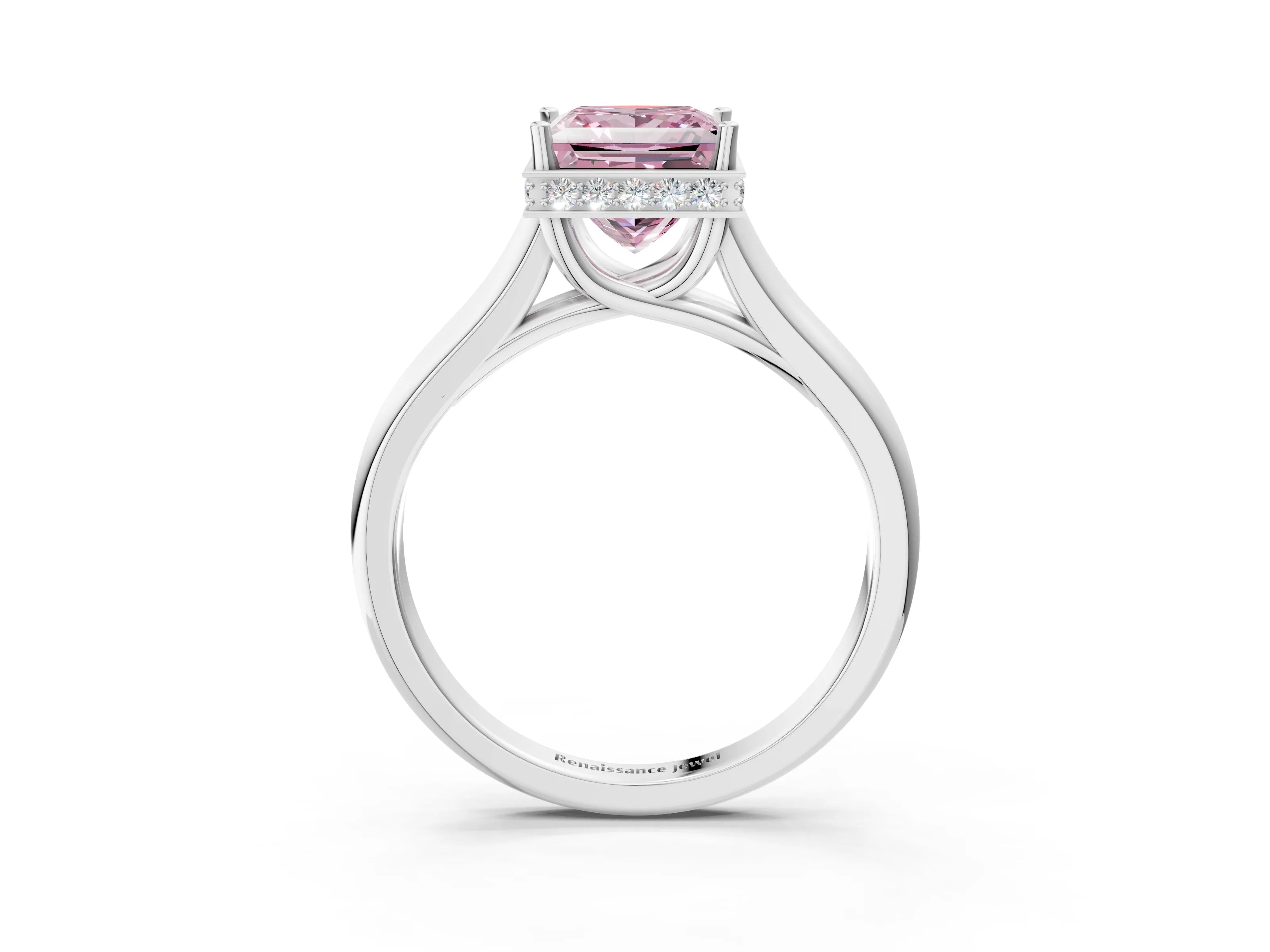 White gold Fancy Pink Princess Cut Solitaire Diamond Engagement Ring with Four-Prong Setting and Tapered Band_3