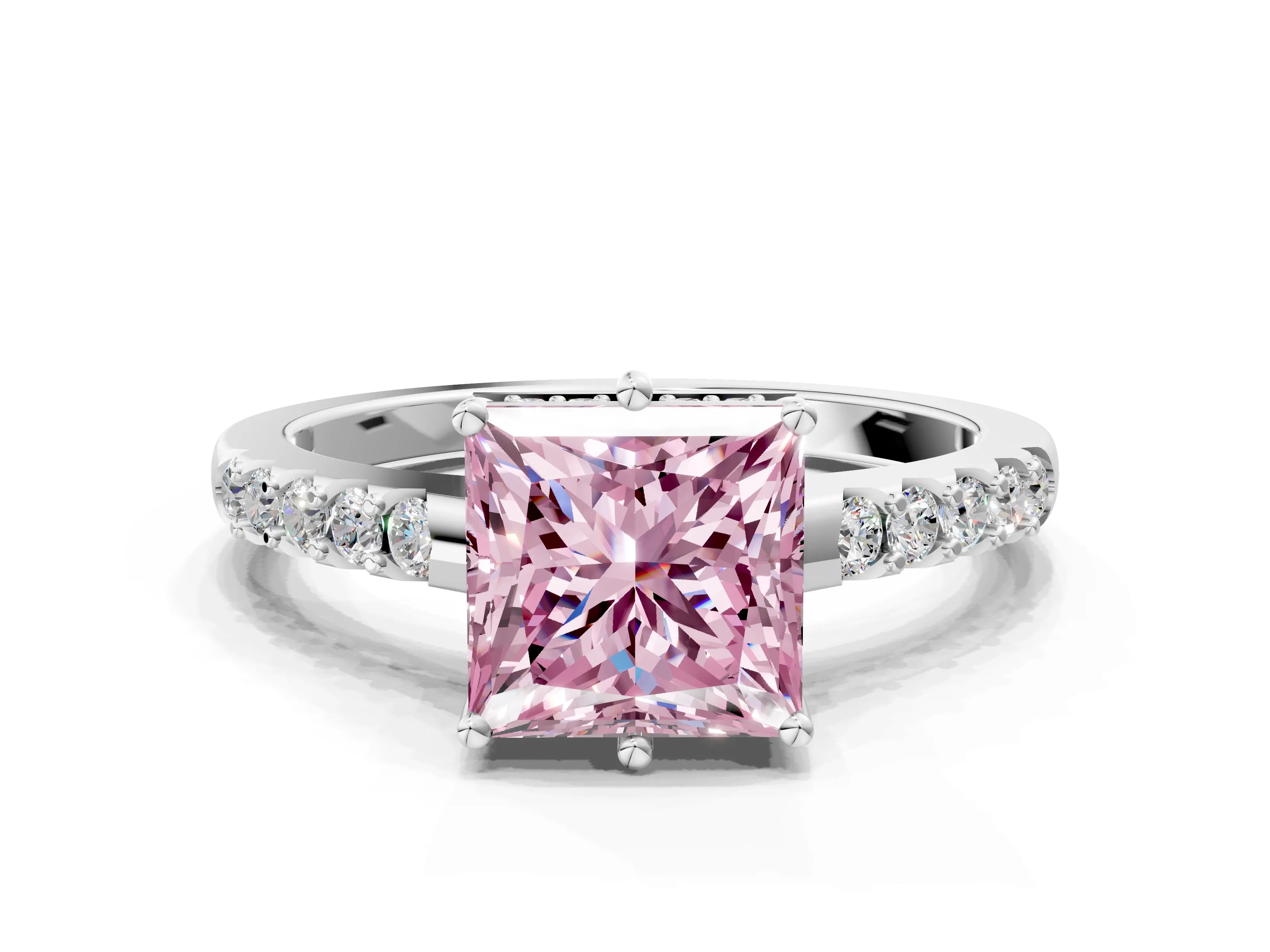 White gold Fancy Pink Princess Cut Solitaire Diamond Engagement Ring with Pavé Band and Six-Prong Setting_12