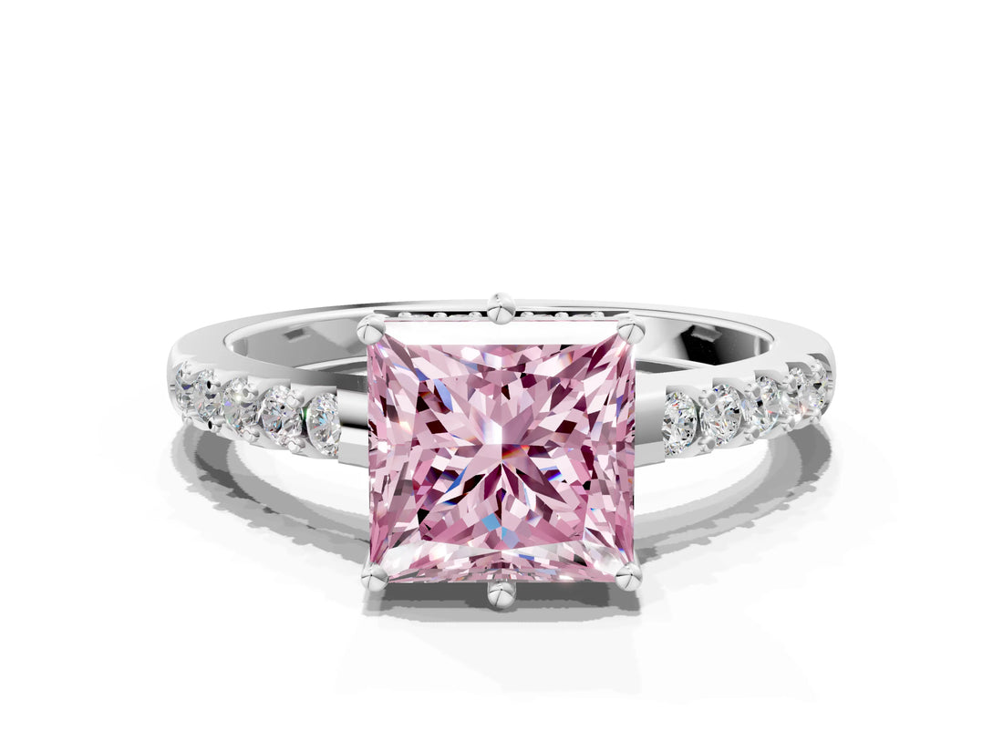 White gold Fancy Pink Princess Cut Solitaire Diamond Engagement Ring with Pavé Band and Six-Prong Setting_16
