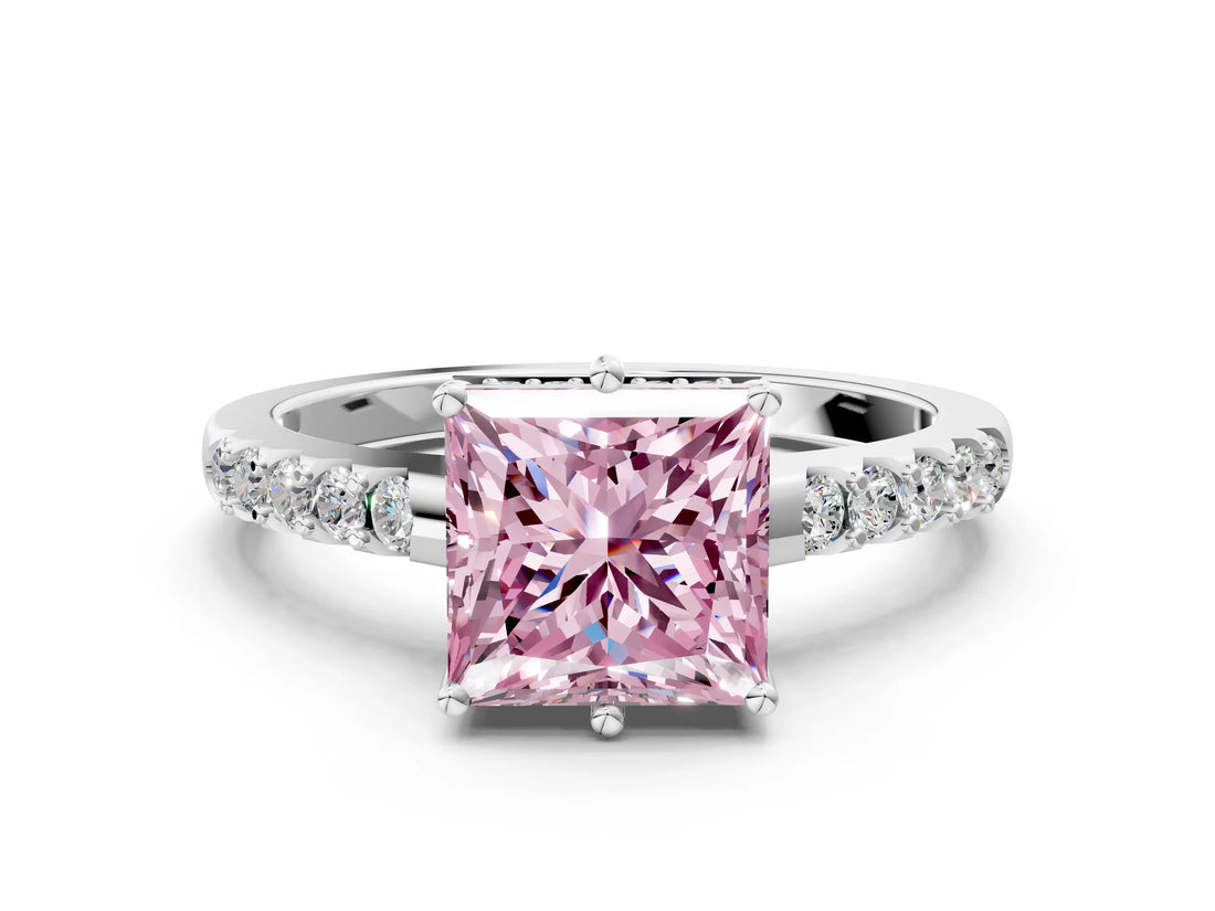 White gold Fancy Pink Princess Cut Solitaire Diamond Engagement Ring with Pavé Band and Six-Prong Setting_24