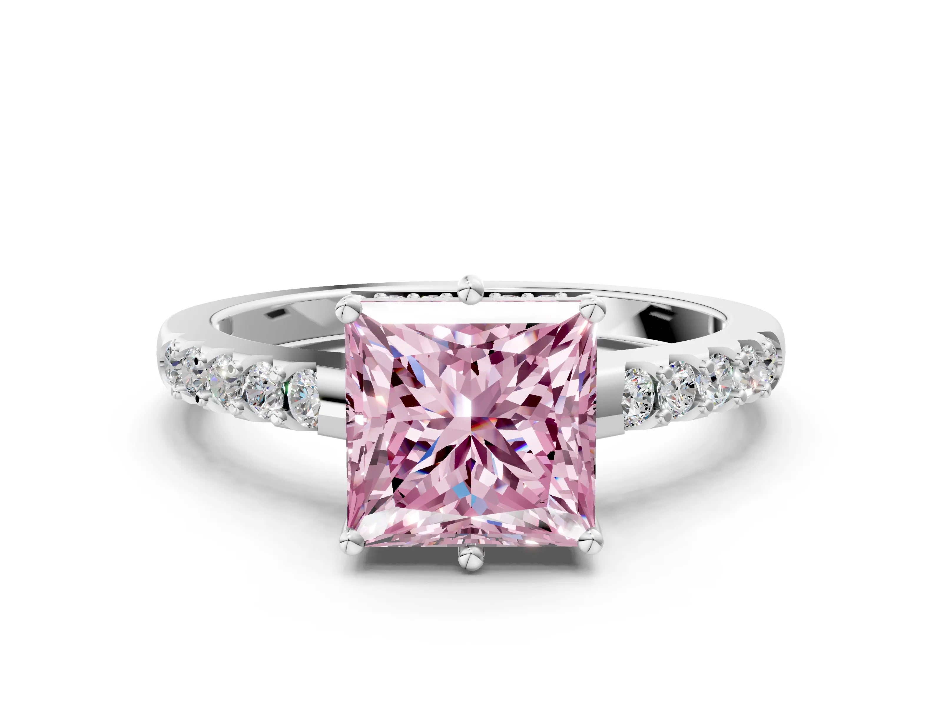 White gold Fancy Pink Princess Cut Solitaire Diamond Engagement Ring with Pavé Band and Six-Prong Setting_24