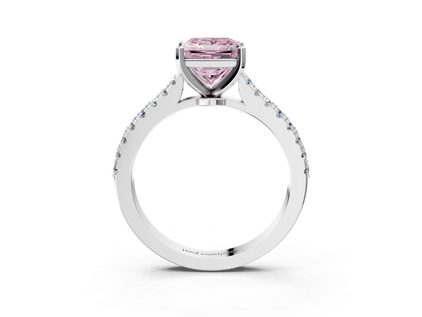 White gold Fancy Pink Princess  Cut Solitaire Diamond Engagement Ring with Pave Band and Four-Prong Setting