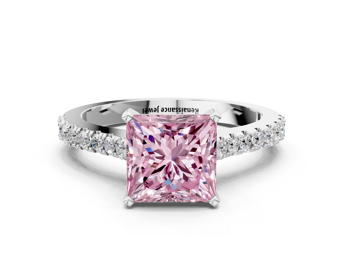 White gold Fancy Pink Princess  Cut Solitaire Diamond Engagement Ring with Pave Band and Four-Prong Setting