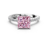 White gold Fancy Pink Princess  Cut Solitaire Diamond Engagement Ring with Pave Band and Four-Prong Setting