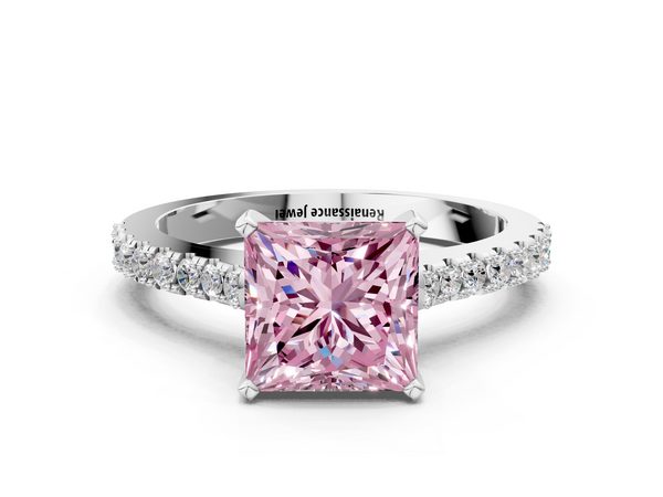 White gold Fancy Pink Princess  Cut Solitaire Diamond Engagement Ring with Pave Band and Four-Prong Setting