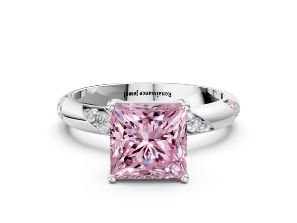 White gold Fancy Pink Princess Cut Solitaire Diamond Engagement Ring with Twisted Pave Band and Four-Prong Setting