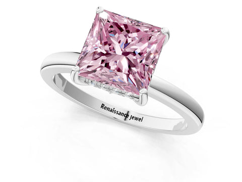 White gold Fancy Pink Princess Cut Solitaire Diamond Ring with Prong Setting and Plain Band_13