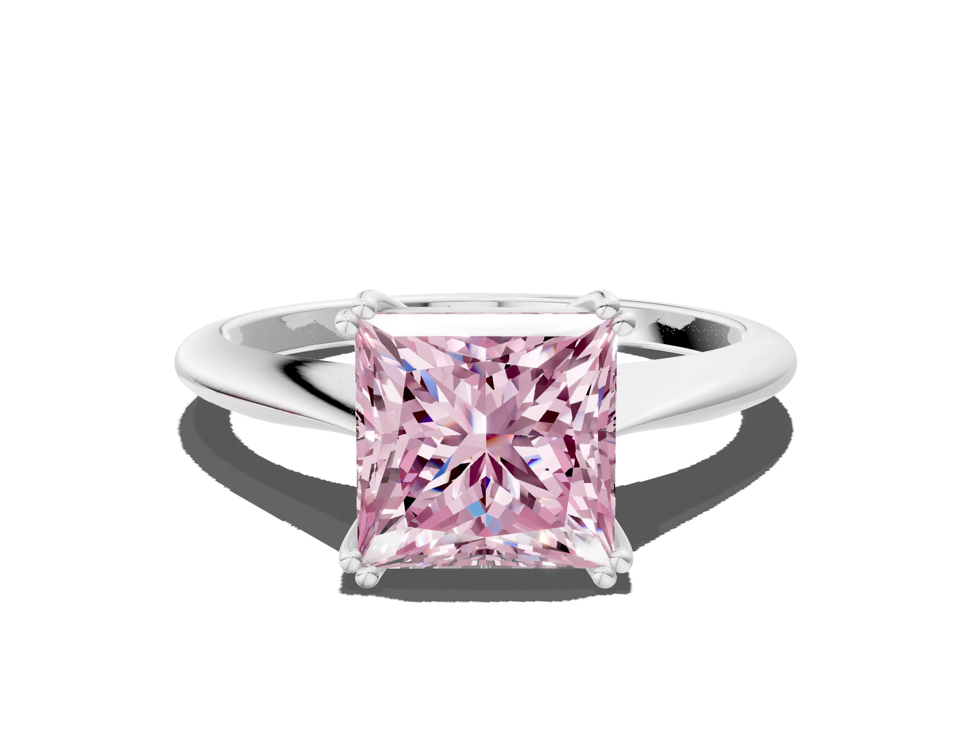 White gold Fancy Pink Princess Cut Solitaire Diamond Ring with Six-Prong Setting and Classic Band