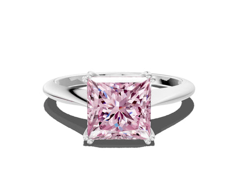 White gold Fancy Pink Princess Cut Solitaire Diamond Ring with Six-Prong Setting and Classic Band