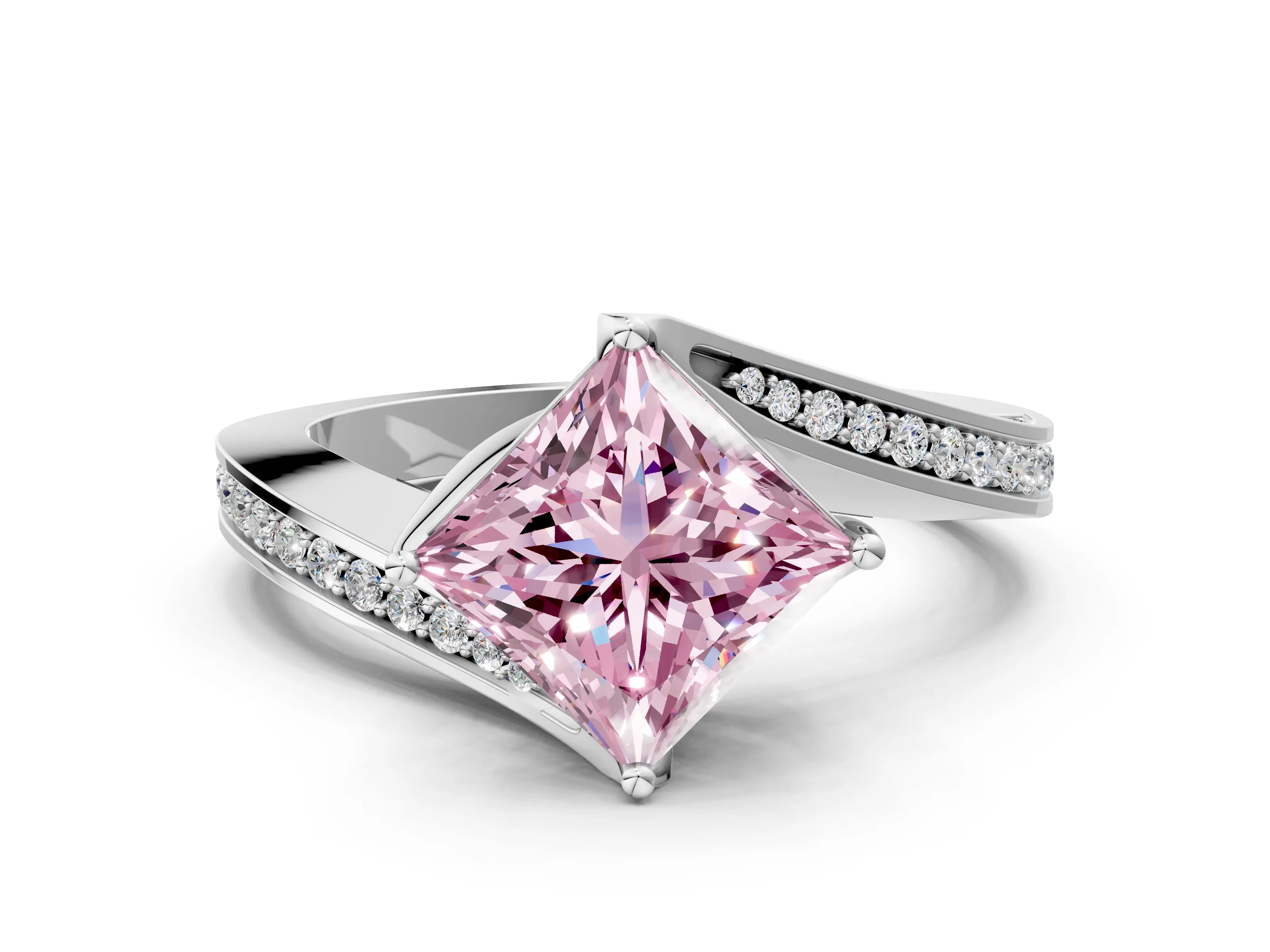 White gold Fancy Pink Princess Cut Solitaire Diamond Twist Band with Pavé Setting and Four-Prong Setting_12