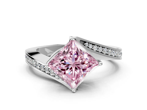 White gold Fancy Pink Princess Cut Solitaire Diamond Twist Band with Pavé Setting and Four-Prong Setting_12