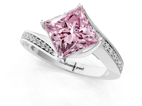 White gold Fancy Pink Princess Cut Solitaire Diamond Twist Band with Pavé Setting and Four-Prong Setting_13