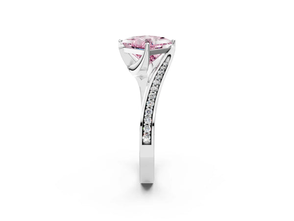 Platinum Fancy Pink Princess Cut Solitaire Diamond Twist Band with Pavé Setting and Four-Prong Setting