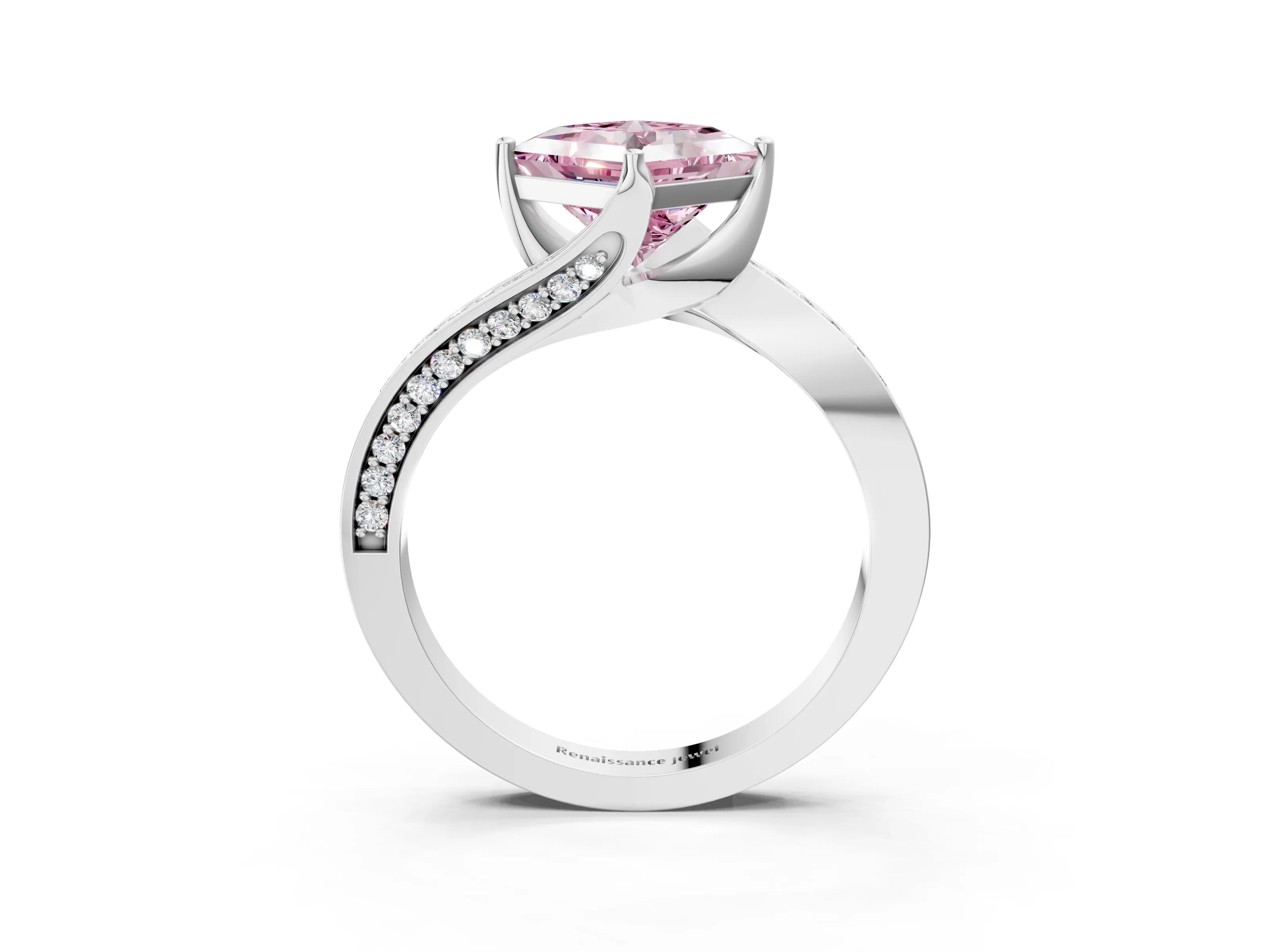 White gold Fancy Pink Princess Cut Solitaire Diamond Twist Band with Pavé Setting and Four-Prong Setting_15