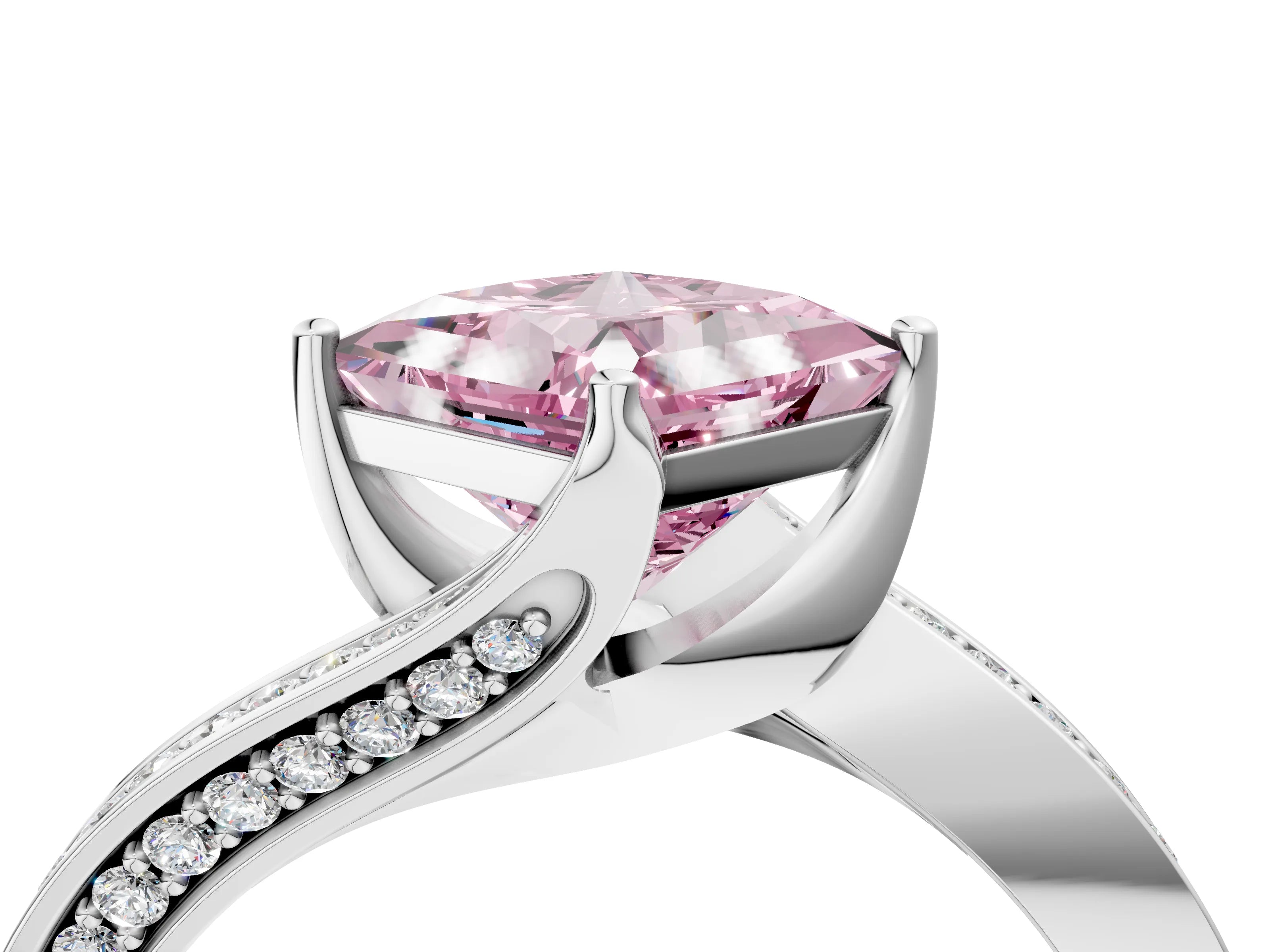 White gold Fancy Pink Princess Cut Solitaire Diamond Twist Band with Pavé Setting and Four-Prong Setting_16