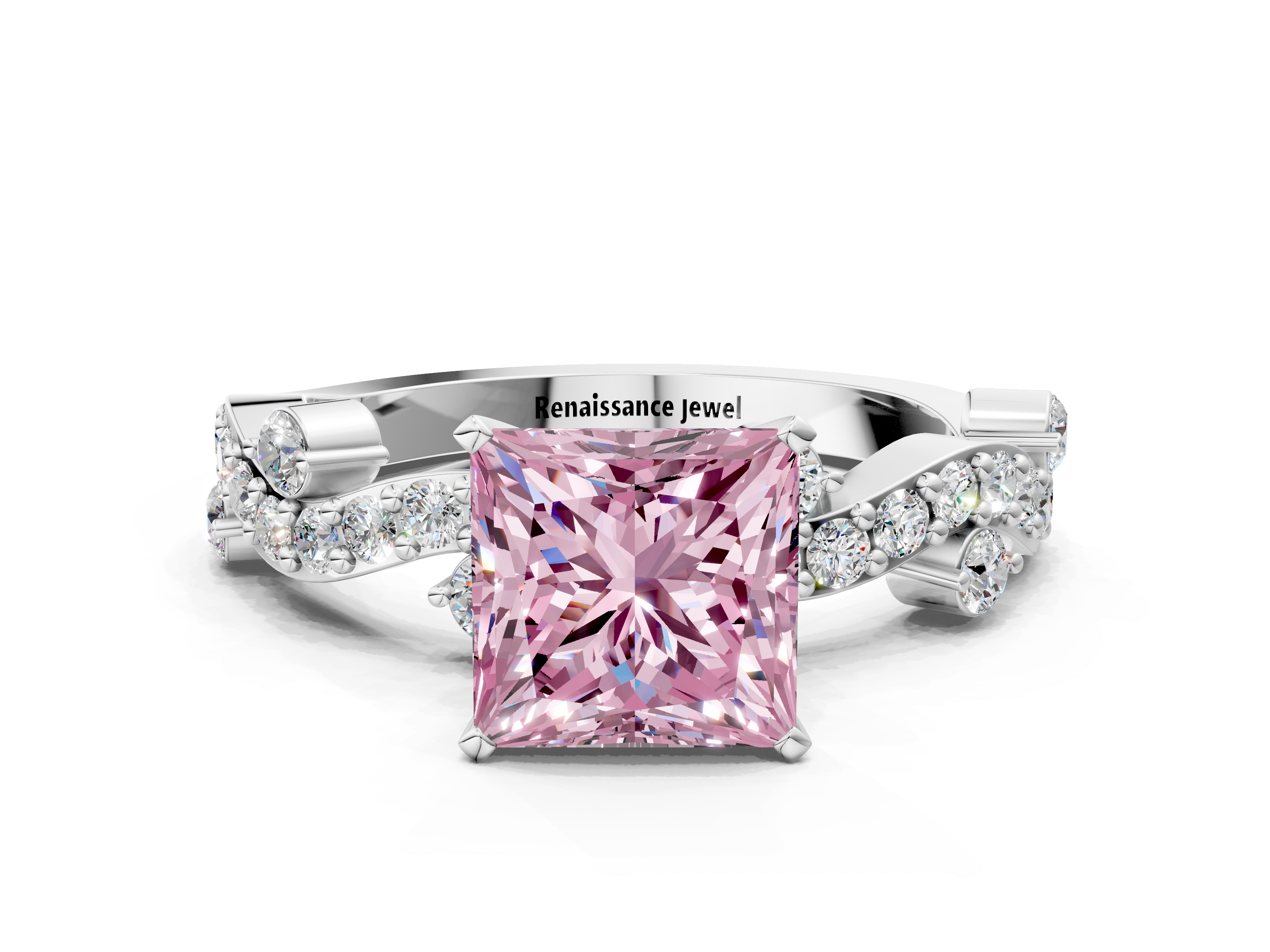 Platinum Fancy Pink Princess Cut Solitaire Diamond Twisted Band with P