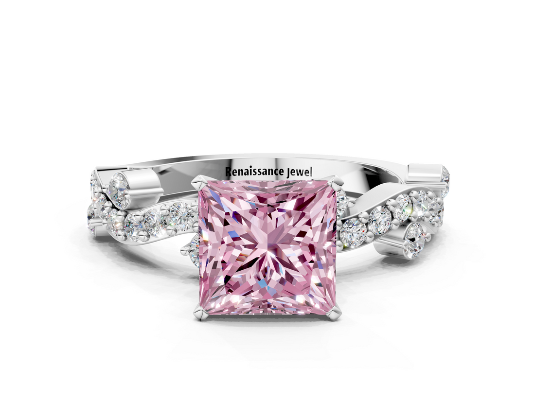 White gold Fancy Pink Princess  Cut Solitaire Diamond Twisted Band with Pave Setting