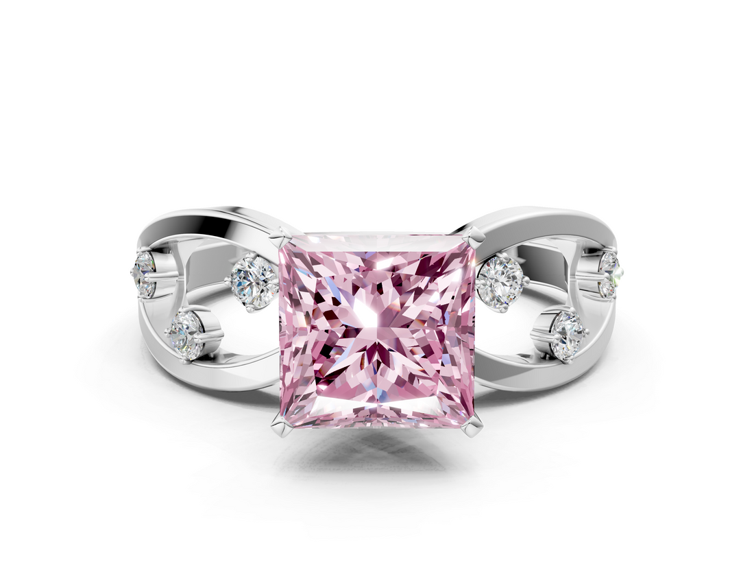 White gold Fancy Pink Princess  Cut Solitaire Diamond with Side Stones on Criss-Cross Band and Four-Prong Setting