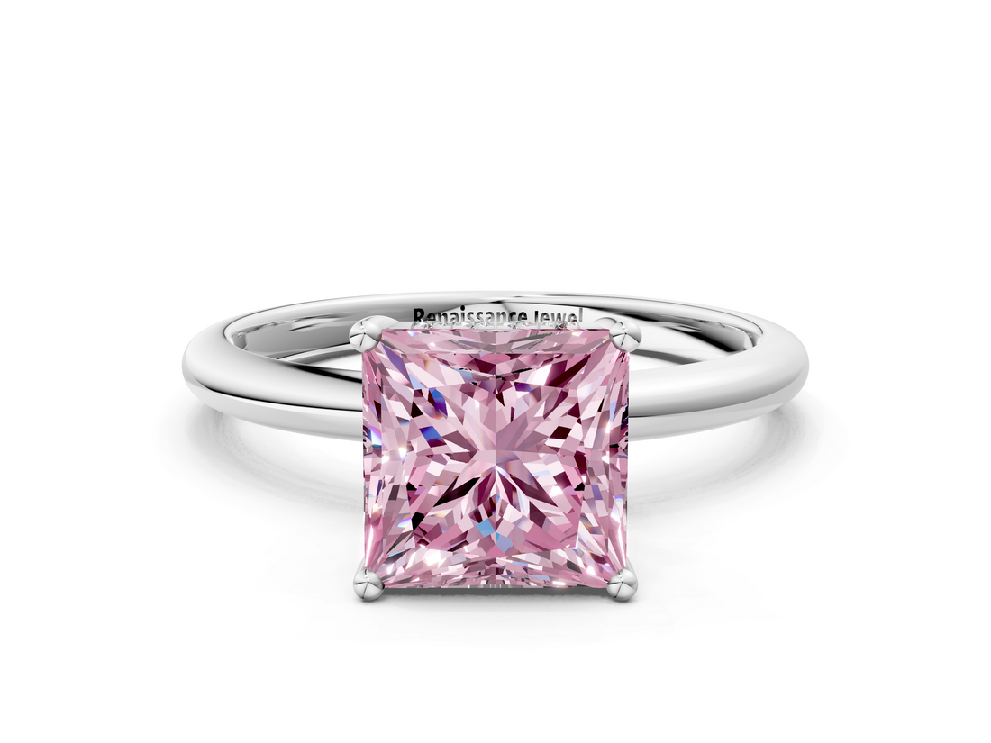 White gold Fancy Pink Princess  Cut Solitaire Engagement Ring with Four-Prong Setting and Classic Band