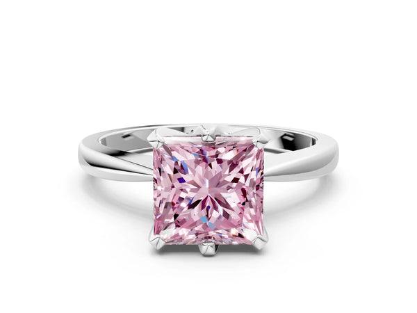 Platinum Fancy Pink Princess Cut Solitaire Engagement Ring with Six-Prong Setting and Tapered Band
