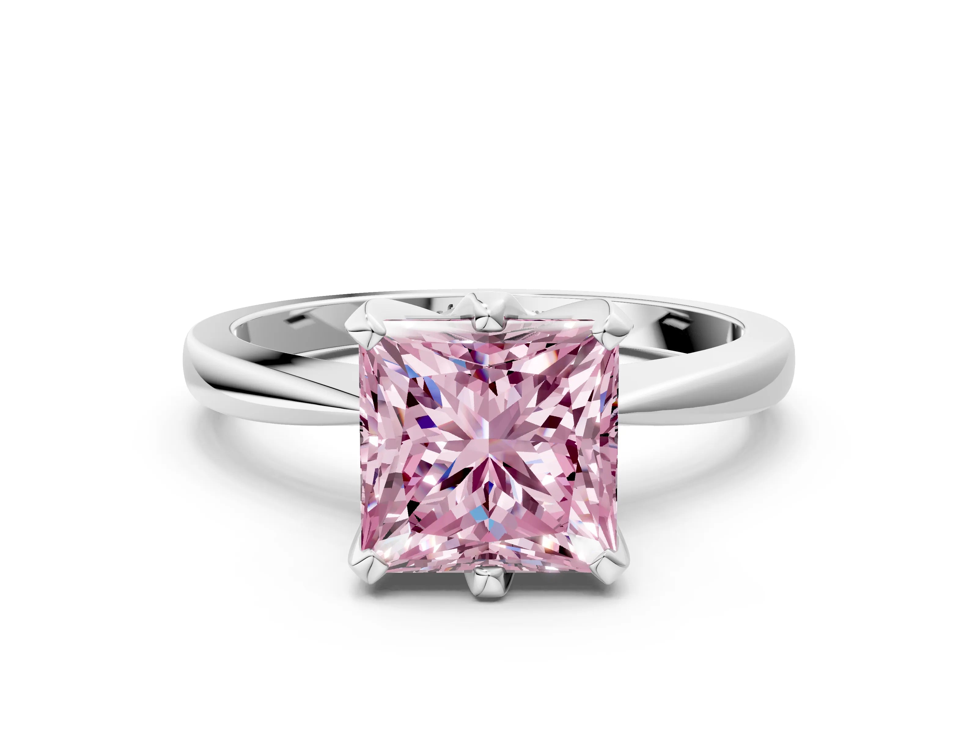 White gold Fancy Pink Princess Cut Solitaire Engagement Ring with Six-Prong Setting and Tapered Band