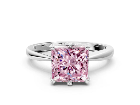 White gold Fancy Pink Princess Cut Solitaire Engagement Ring with Six-Prong Setting and Tapered Band