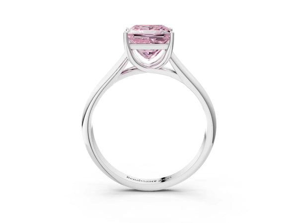 Platinum Fancy Pink Princess Cut Solitaire Engagement Ring with Tapered Band and Four-Prong Setting