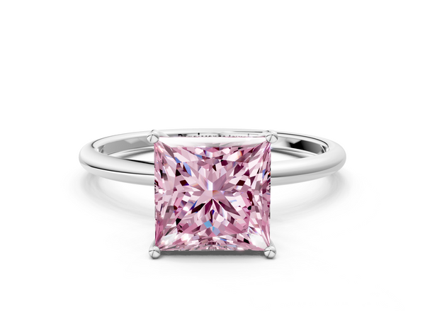 White gold Fancy Pink Princess  Cut Solitaire Engagement Ring with Thin Band and Four-Prong Setting