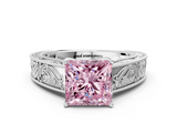 White gold Fancy Pink Princess  Cut Solitaire Engraved Band with Four-Prong Setting