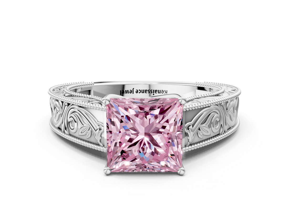 White gold Fancy Pink Princess  Cut Solitaire Engraved Band with Four-Prong Setting