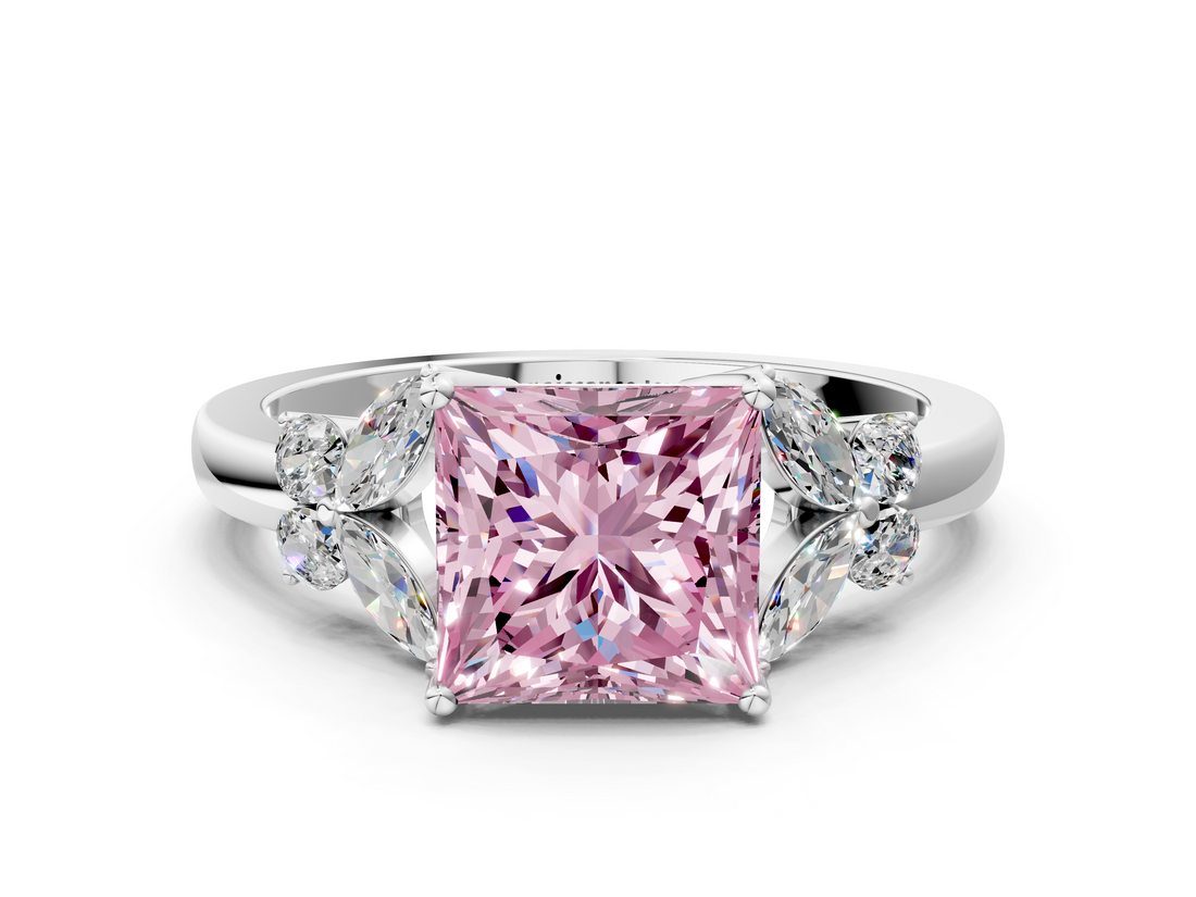 White gold Fancy Pink Princess  Cut Solitaire Floral Diamond Ring with Four-Prong Setting