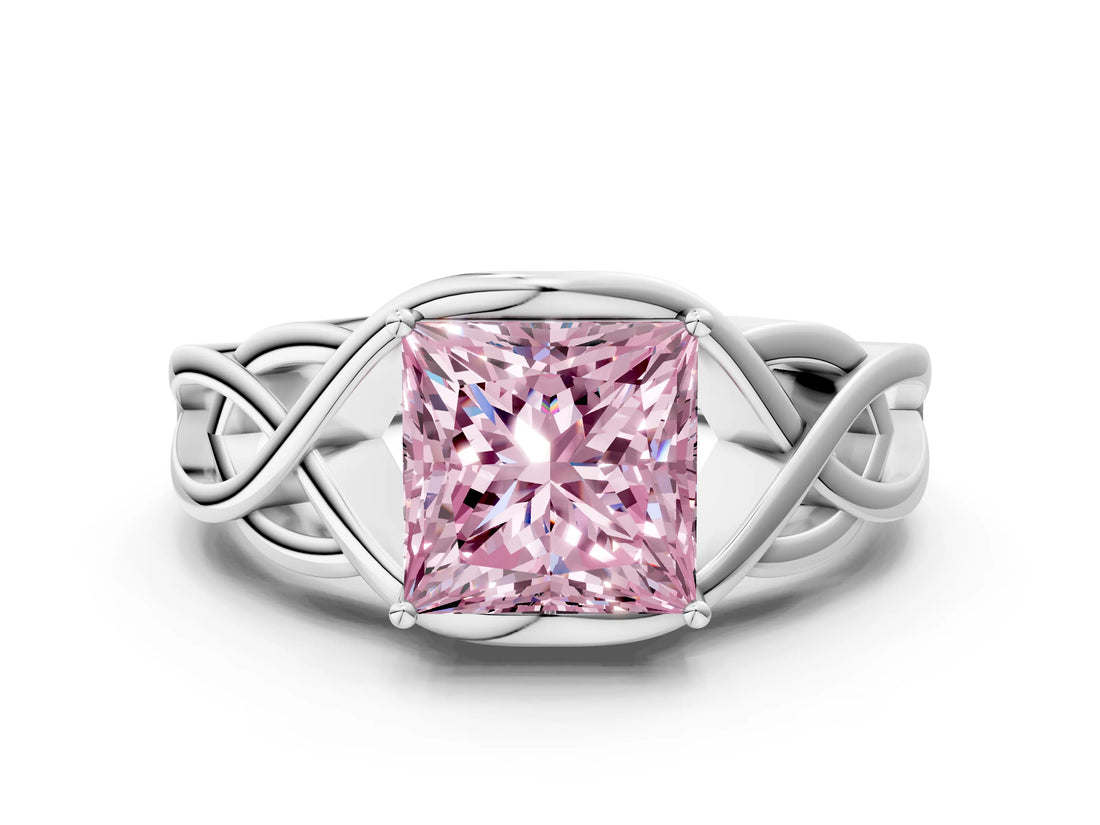 White gold Fancy Pink Princess Cut Solitaire Intertwined Band Prong Setting Ring