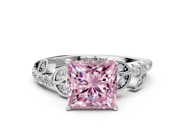 Platinum Fancy Pink Princess Cut Solitaire Leaf-Inspired Diamond Ring with Pavé Band and Four-Prong Setting