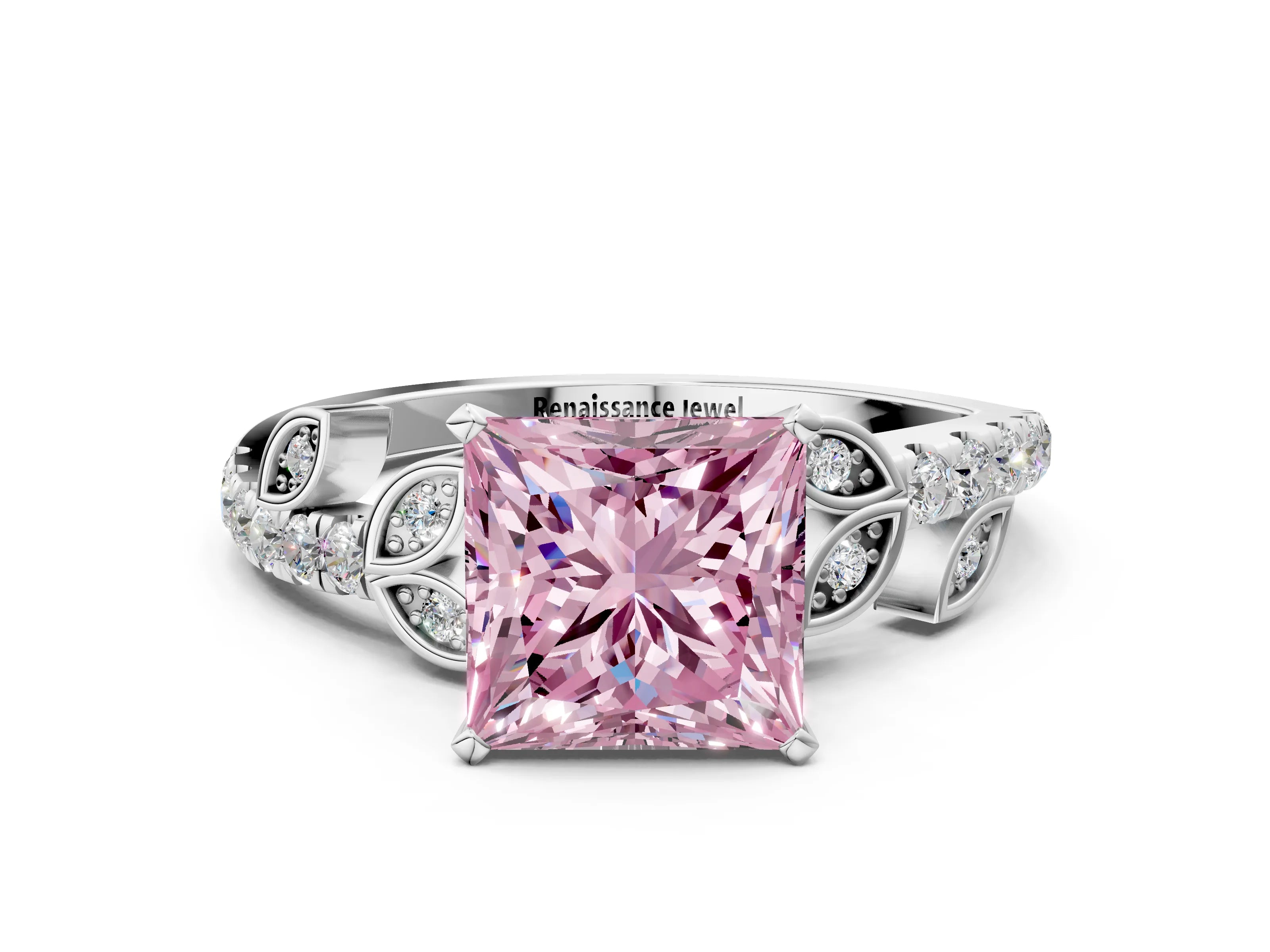 White gold Fancy Pink Princess Cut Solitaire Leaf-Inspired Diamond Ring with Pavé Band and Four-Prong Setting_12