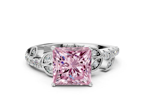 White gold Fancy Pink Princess Cut Solitaire Leaf-Inspired Diamond Ring with Pavé Band and Four-Prong Setting_12